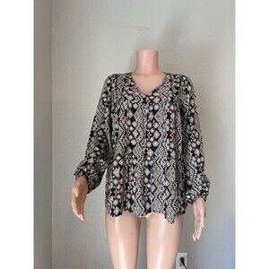 Savanna Jane Embroidered Print Peasant Top Size Large Bell Sleeve Blouse #93